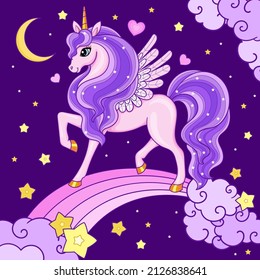 A beautiful pink unicorn with a lilac mane on a rainbow.Fantastic, fantasy animal. For the design of prints, posters, stickers, cards and so on. Vector