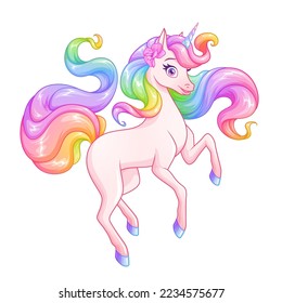 Beautiful pink unicorn with rainbow mane and tail. Vector illustration isolated on white background.