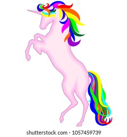 Beautiful Pink Unicorn Silhouette rearing up, with beautiful and magical rainbow mane and tail.
