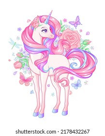 Beautiful pink unicorn surrounded with flowers and butterflies. Cartoon vector illustration isolated on white background.