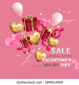 Beautiful pink Valentines day background with gifts, hearts and balls. Vector illustration concept for banner, greeting card, website and advertising or marketing material.