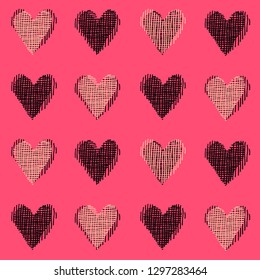 beautiful pink vector seamless pattern, repeating design with hand drawn hearts, great for valentine's day decoration, gift cards, wrapping paper for presents package