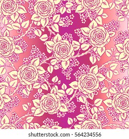 Beautiful pink and vintage yellow seamless pattern made of roses with little flowers decoration.Hand-drawn contour lines and strokes. Sketch engraving style flowers and leaves. Intricate background.