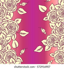 Beautiful pink and vintage yellow seamless pattern made of roses with little flowers decoration.Hand-drawn contour lines and strokes. Sketch engraving style flowers and leaves. Intricate background.
