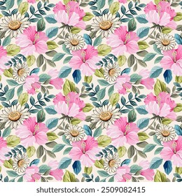 Lindas flores rosa e brancas, desenhadas à mão, sem costura, em um fundo claro. Projetado para tecido, moda, têxteis, papel de parede, envoltório de presente.