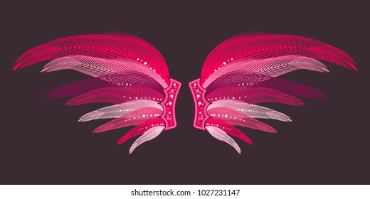 Beautiful Pink Wings with Feathers. Carnival Costume. Wings with Feathers for Masquerade, Carnival, Celebration, Costume, Card, Invitations. Suit for the Holiday. Gentle Angel Wings.