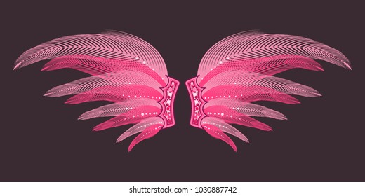 Beautiful Pink Wings with Feathers. Carnival Costume. Wings with Feathers for Masquerade, Carnival, Celebration, Costume, Card, Invitations. Suit for the Holiday. Gentle Angel Wings.