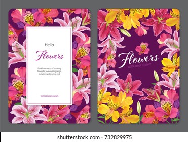 Beautiful pink and yellow alstroemeria lily flowers with lilies on purple background. Vector set of blooming floral for wedding invitations and greeting card design. 