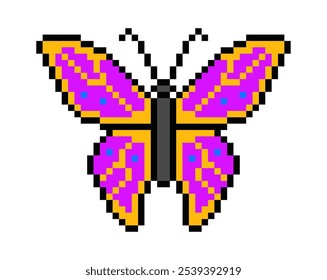 Hermosa mariposa rosa y amarilla en estilo pixel. Ilustración vectorial