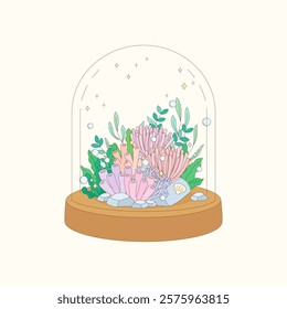 beautiful pinkish coral reef in the glass cloche, vector illustration