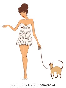 Beautiful pin-up girl with cat in retro style. Vector illustration