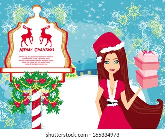 beautiful pin-up girl in Christmas inspired costume card 