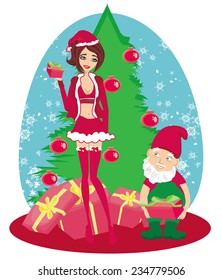 beautiful pin-up girl in Christmas inspired costume and dwarf helper