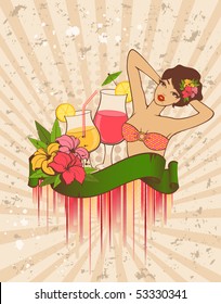 Beautiful pin-up girl with cocktail in retro style. Vector illustration