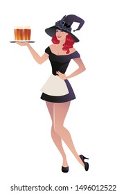 Beautiful pinup retro style witch, holding a tray with beers, isolated on white background