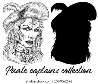 Beautiful Pirate Captain Woman And Silhouette Isolated On White. Hand Drawn Engraved Vector Illustration Of Sailor, Seaman Or Seafarer In Old Vintage Style