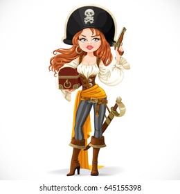 Beautiful pirate woman in big hat with a flint pistol in her hand isolated on a white background
