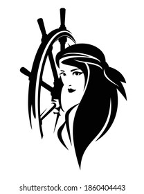 beautiful pirate woman and ship helm - captain and steering wheel black and white vector portrait