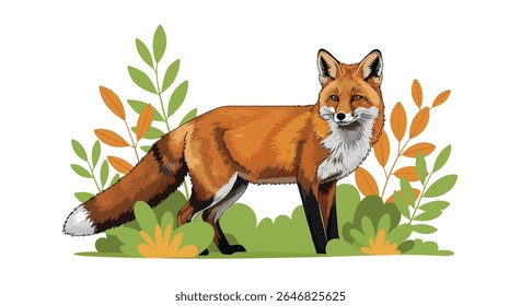 Uma bela ilustração de arte de pixel de uma raposa que fica orgulhosamente entre verde exuberante e folhagem de outono em um cenário natural de floresta