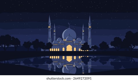 Beautiful Pixel Art Mosque Reflected in Still Water Under a Starry Night Sky