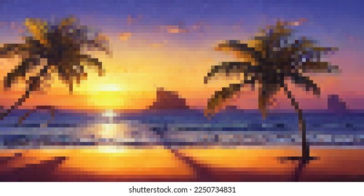 Beautiful pixel art vector landscape with sea and sunset, palm tree, sand and blue waves. Tropical paradise illustration for banner or poster.