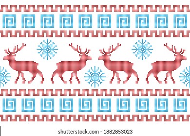 Beautiful pixel ornament with deer and snowflakes. Seamless horizontal pattern. Illustration for website and banner.