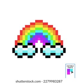 Schöner Pixelregenbogen mit Wolken einzeln auf dunkelblauem Hintergrund. Vorderseite. Vektorgrafik. Textur. Isolieren. Pixelart. 8 Bit.