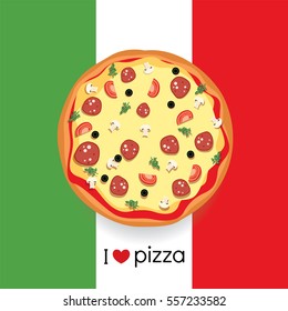 Beautiful pizza painted in a flat style. Tasty food. Vector illustration. Italy.