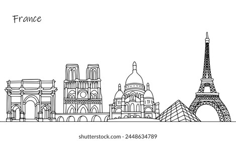 Beautiful places on the streets of France. Travel illustration with line. Vector.