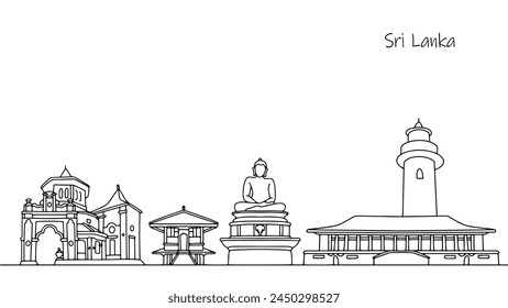 Beautiful places and unusual architectural structures in Sri Lanka. Culture and identity of Colombo. Simple line illustration.