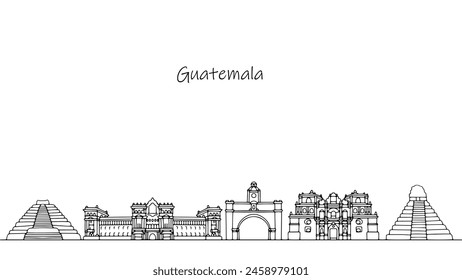 Lugares hermosos y arquitectura inusual de Guatemala. Paisaje urbano de la República Americana. Ilustración de línea dibujada a mano. Vector.