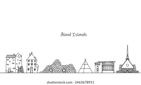 Beautiful places and unusual buildings that can be seen on the Åland Islands. Unusual architecture. Panorama of the archipelago in the Baltic Sea. Vector illustration.