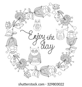 beautiful plain pattern ornament flowers on a white background with inscription and owls