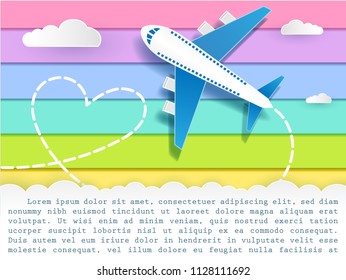 Beautiful Plane for travel. Invitation Template rainbow color Background Design, Card for greeting, Poster, Vector illustration.  