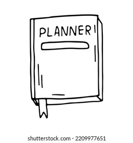 Beautiful planner, very handy for todo list, planning and sketching. Notepad with a bookmark for different notes. Doodle style.   Hand drawn. Vector illustration. Outline.