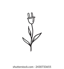 Hermosa planta que crece con enchufe en lugar de flor con hojas en negro aislado en blanco. Dibujado a mano ilustración de dibujo vectorial garabato en arte lineal. Concepto de electricidad, ecológico.