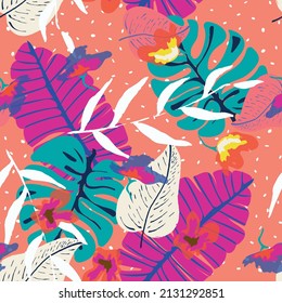 Beautiful Plant Spring Vector Seamless Pattern. Pink Summer Flowers Illustration. Blue Plants Miami Print. White Tropic Leaf Template.