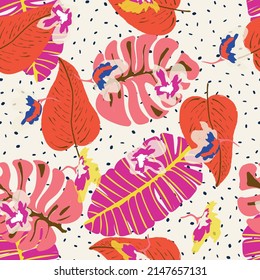 Beautiful Plant Tropical Vector Seamless Pattern. Pink Spring Leaf Typography. White Monstera Miami Background. Colours Drawing Flowers Wallpaper.