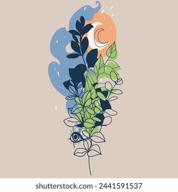 Beautiful plants and moon. Vector hand drawn illustration