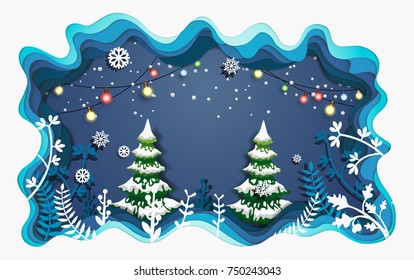 beautiful plants in winter. there are christmas lights and pine trees. design paper art and crafts