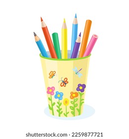 Beautiful plastic glass with colored pencils. School supplies in cartoon style. Isolated on white background. Vector flat illustration.