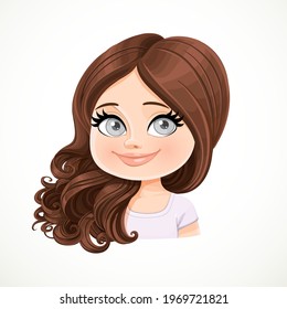 Beautiful pleased smiling cartoon brunette girl  with hair are shifted through a shoulder portrait isolated on white background