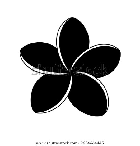 Beautiful plumeria or frangipani flower as a solid black silhouette. Simple icon for tropical, spa, wellness, or summer branding.