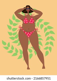 Beautiful Plump Girl. African American Woman In Swimming Suit. Body Positive. Plus Size Female Body. Flat Vector Illustration.