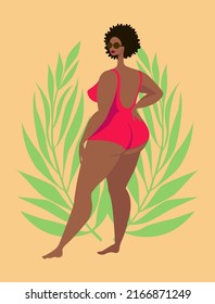 Beautiful Plump Girl. African American Woman In Swimming Suit. Body Positive. Plus Size Female Body. Flat Vector Illustration.