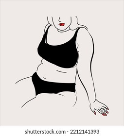 Beautiful plump girl.  Minimalism art for social media, line art. Diverse women in swimsuits. Vector illustration of chubby women in pink isolated.