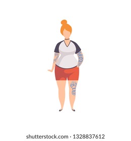 Beautiful Plump Girl Wearing Casual Clothes with Tattoos, Young Woman Having Tattoo on Her Arms and Leg Vector Illustration