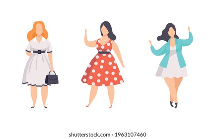Beautiful Plump Women Set, Plus Size Overweight Girls in Stylish Clothes, Body Positive Concept Flat Vector Illustration