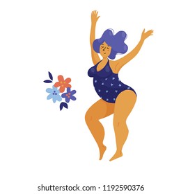 Beautiful plus size, chubby woman in swimming suit dancing happily, flat vector illustration isolated on white background. Young happy beautiful chubby woman in swimsuit, body positive concept