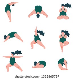 Beautiful Plus Size Curved Woman Doing Fitness Exercises Set, Plump Girl in Swimsuit, Sport and Healthy Lifestyle Vector Illustration